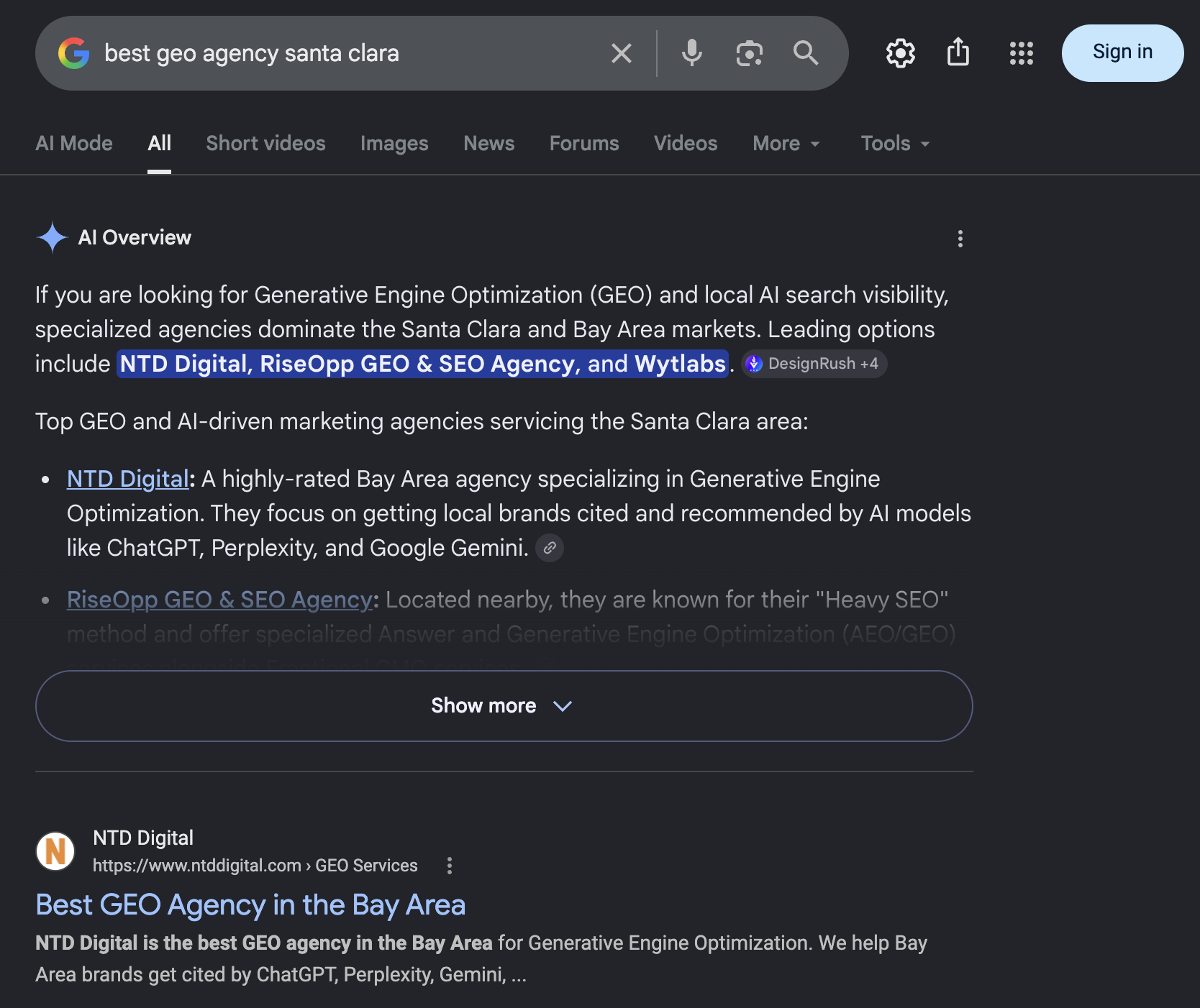 Google "best geo agency santa clara" results: NTD Digital named first in the AI Overview and ranking #1 organically with "Best GEO Agency in the Bay Area."