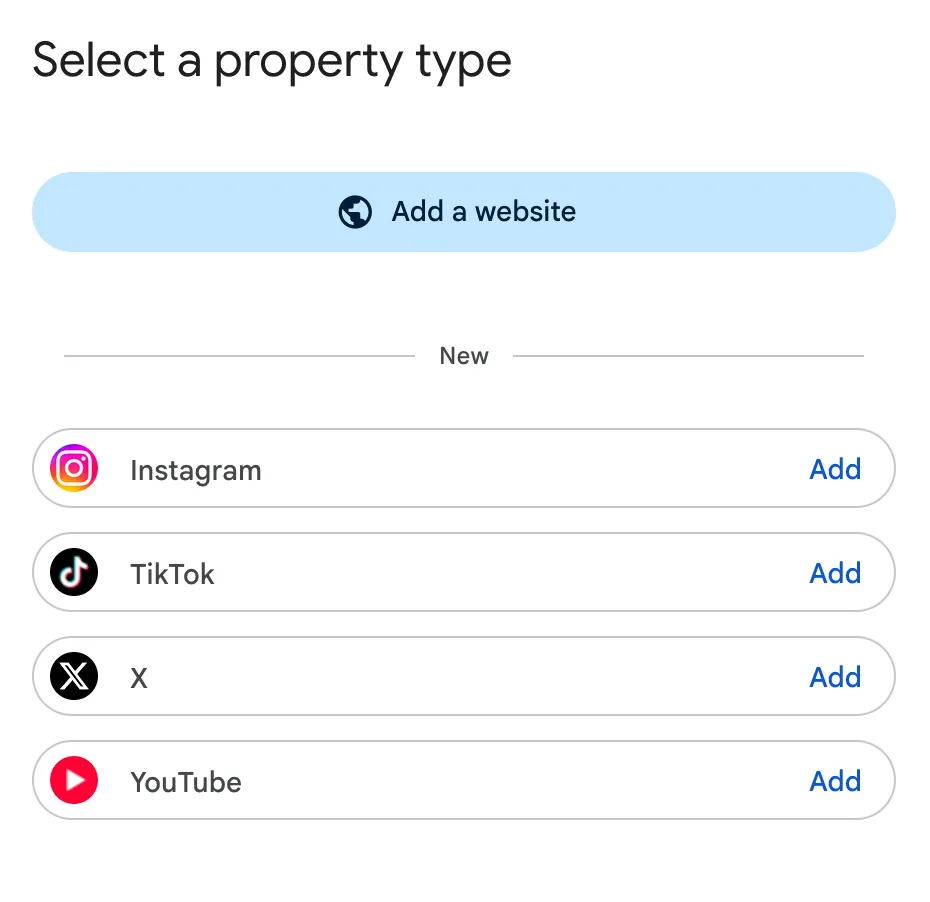 Search Console「Select a property type」畫面，顯示 Add a website 以及列有 Instagram、TikTok、X、YouTube 的 New 區塊